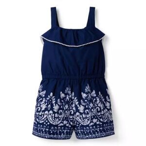 Janie and Jack sleeveless border print pom pom romper merchant marine girls 3T
